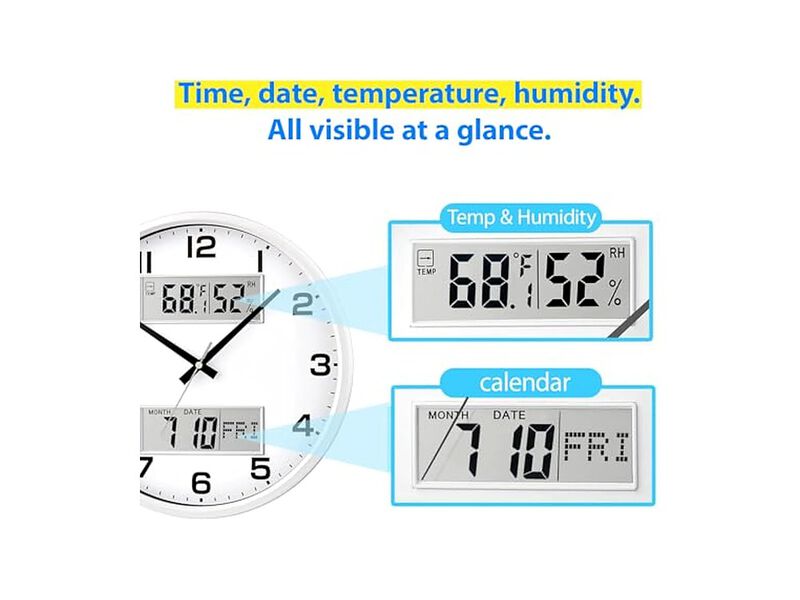 White Calendar Temperature Humidity Wall Clock 13 Inch Silent Battery Operated image number 2