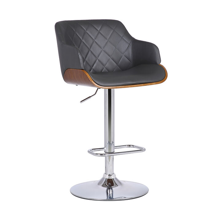 Toby Black Faux Leather Adjustable Height Swivel Walnut Wood and Chrome Stool