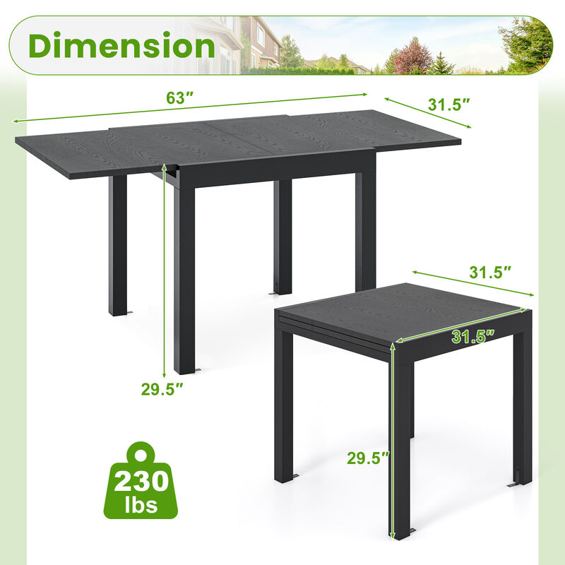 31.5-63 Inch Adjustable Patio Dining Table, Expandable for 4-6 People