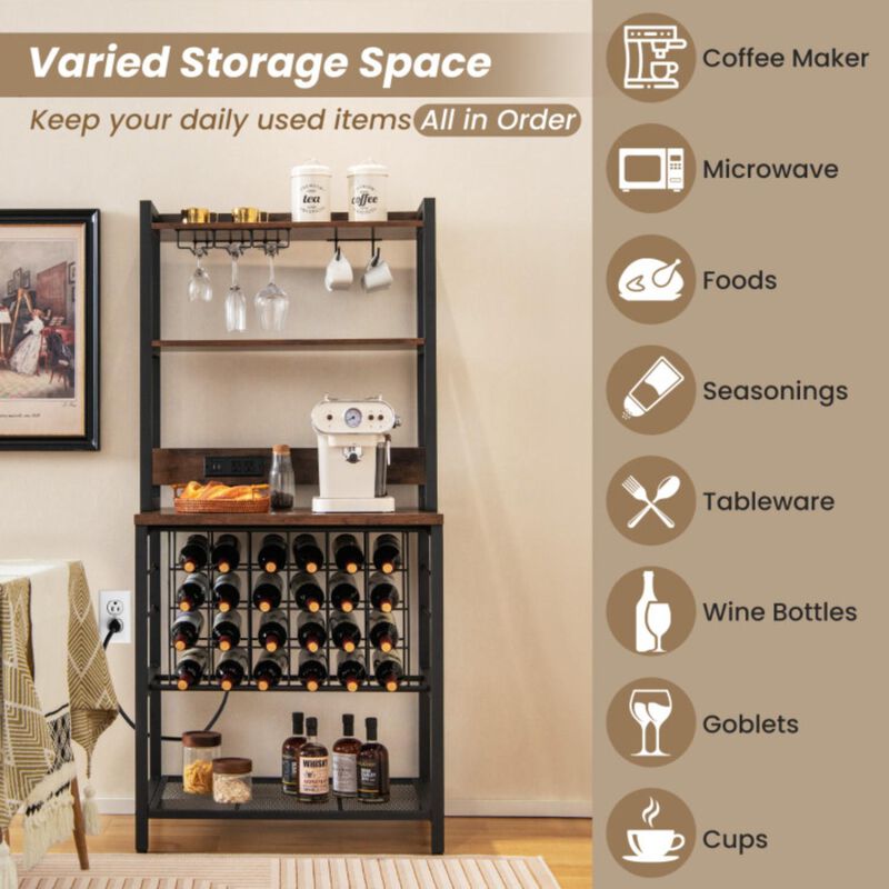 Hivvago Wine Bar Cabinet Wine Rack with 4 Tier Storage Shelves and Glass Holders