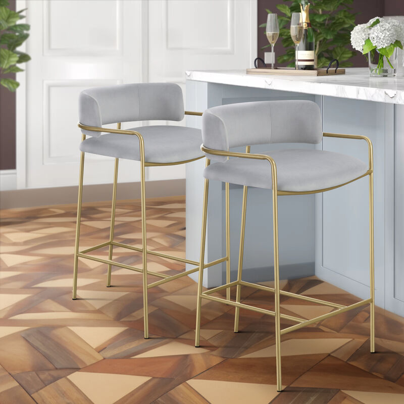 Lox 26 Inch Modern Counter Stool, Low Padded Back, Gray, Gold Metal Frame - Benzara