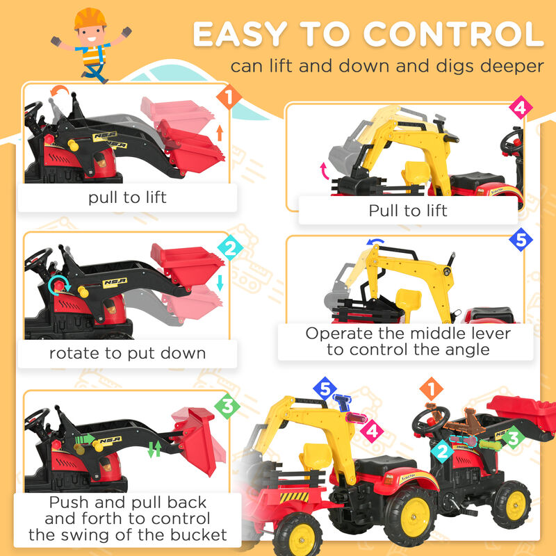 BreeBe 3 in1 Kids Ride On Bulldozer Excavator Toy with 6 Wheels Controllable Cargo Trailer Easy Pedal Controls image number 5