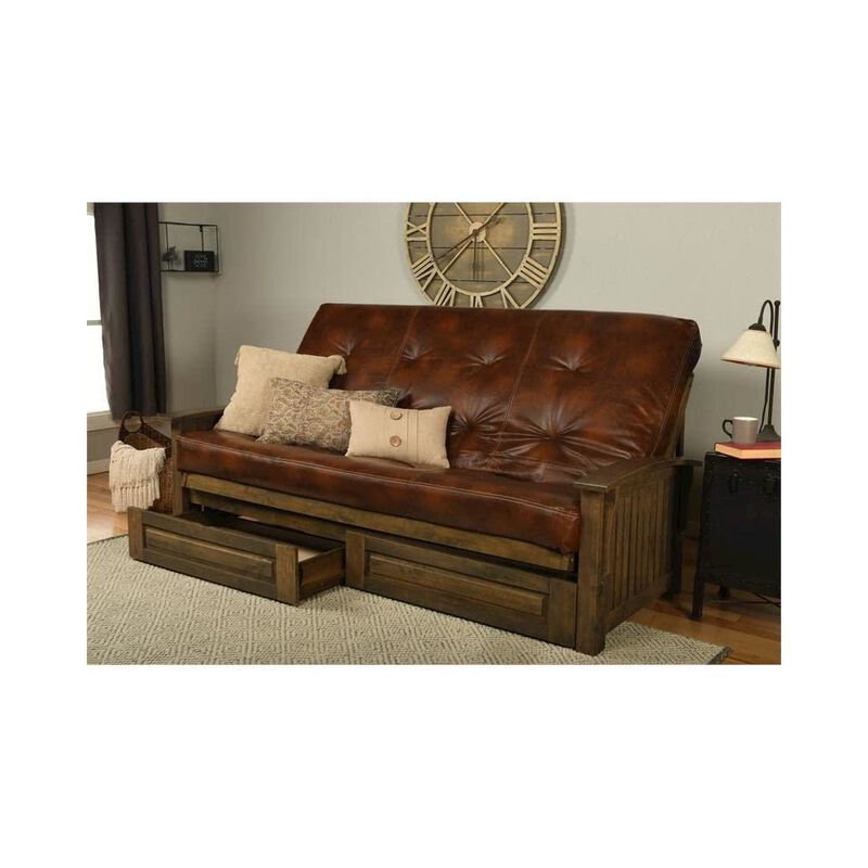 Washington Queen Frame-Rustic Walnut Finish-Oregon Trail Saddle Mattress-Storage Drawers image number 1