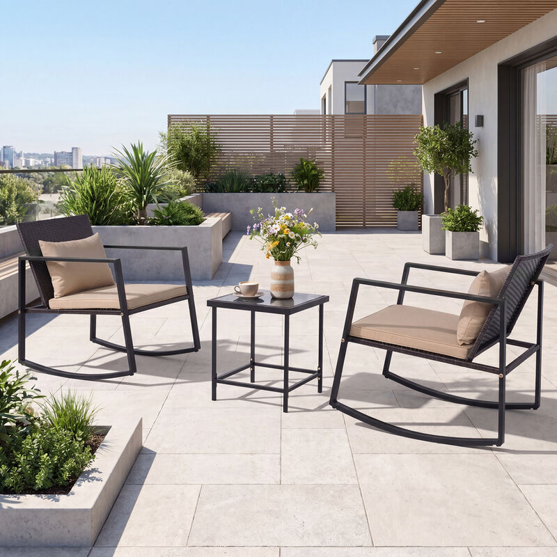 Patio Rocking Bistro Set 3-Piece with Cushions and Tempered Glass image number 2