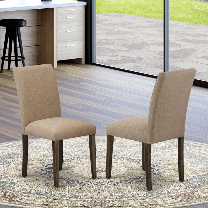 East West Furniture Set of 2 Parsons Chairs - Doeskin Linen Fabric Seat and High Back - Antique Walnut Finish