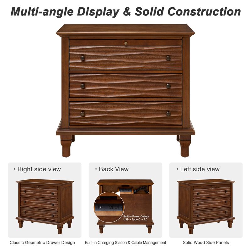 Beprax Built‑in Charging Station Farmhouse 3‑Drawer Nightstand image number 4