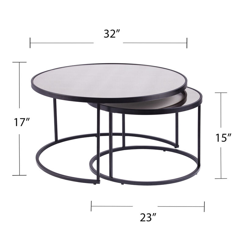 Hivvago Set of Two Black And Silver Mirrored Round Nested Coffee Table Set
