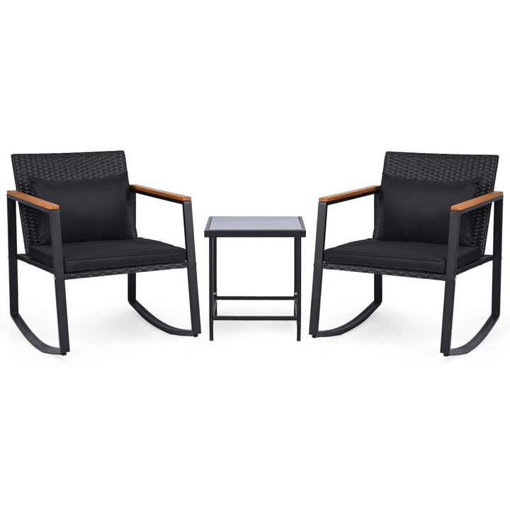 Outdoor Bistro Furniture Set with Rocking Chairs and Tempered Glass Table