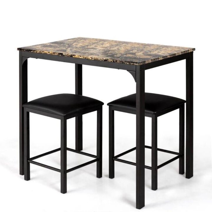 Hivvago Modern 3-Piece Dining Set Brown Faux Marble Table-Top and 2 Black Chairs Stools