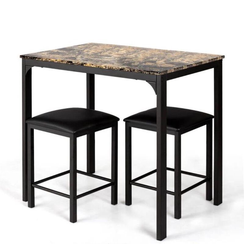 Hivvago Modern 3-Piece Dining Set Brown Faux Marble Table-Top and 2 Black Chairs Stools