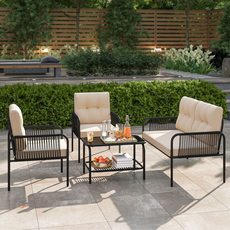 Patio Conversation Set &ndash; 4-Piece PE Wicker Sofa Set with Cushions and Table