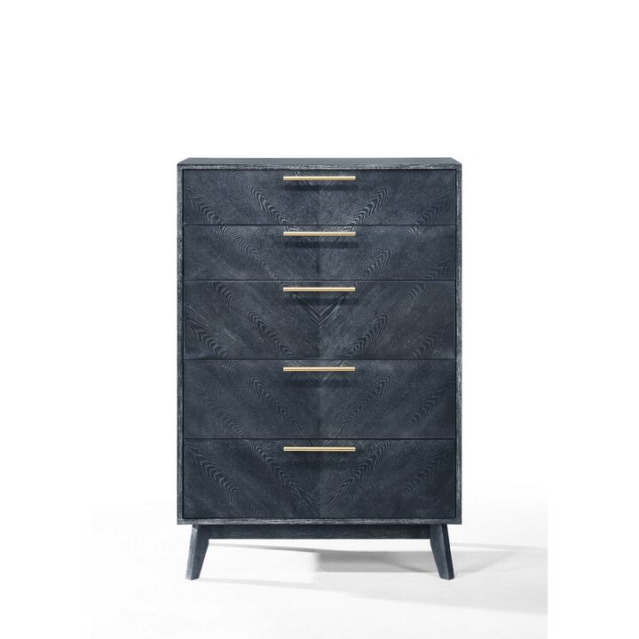 Cid Coy 47 Inch Tall Dresser Chest, 5 Drawer, Gold Metal, Ash Gray Wood - Benzara