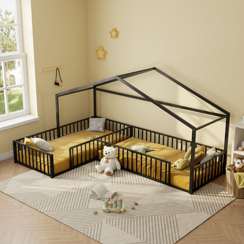 Merax Double Twin Size L-Shaped Montessori Bed, Metal Corner House Bed Frame with Fence image number 3