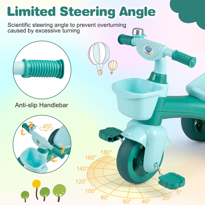 Toddler 3-Wheel Tricycle with Front Basket, Bell and Steering Control image number 3