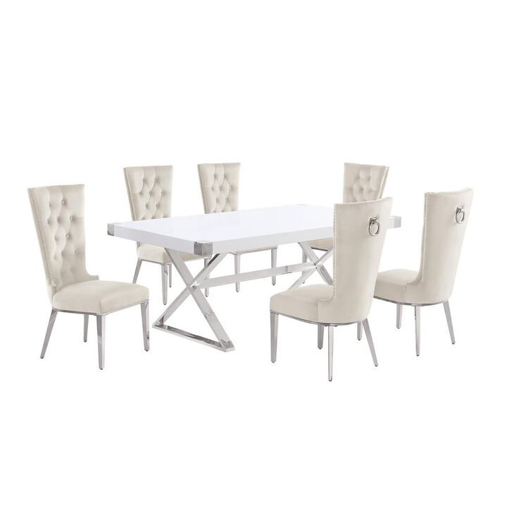 Best Quality Furniture 7pc Small(78) white wood top dining set with silver base and 6 chairs