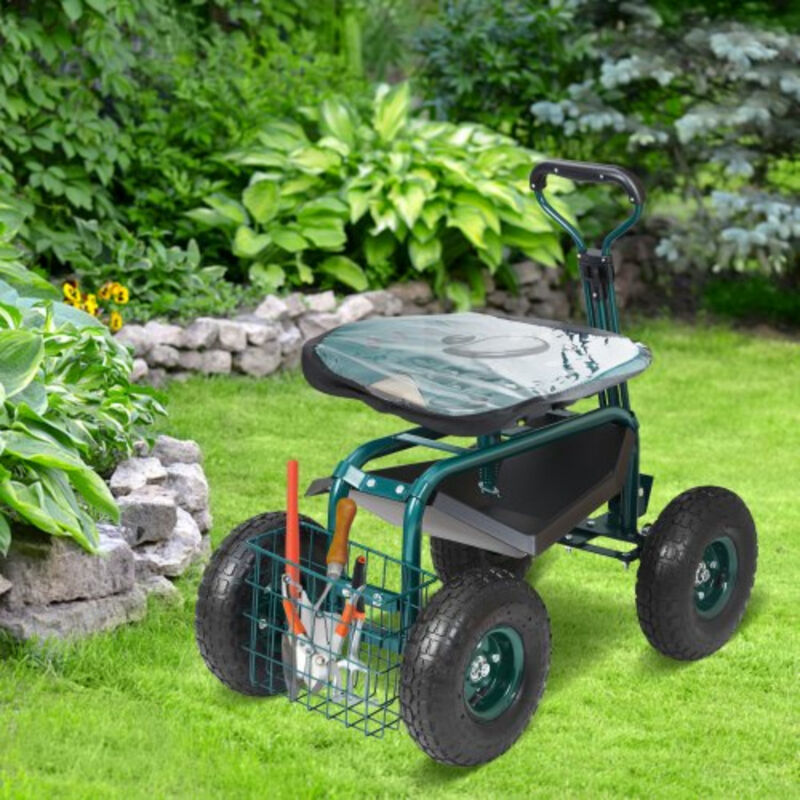 Rolling Yard Cart with Swivel Seat &ndash; Garden Workseat with Wheels, Steering Handle & Tool Tray for Lawn and Planting