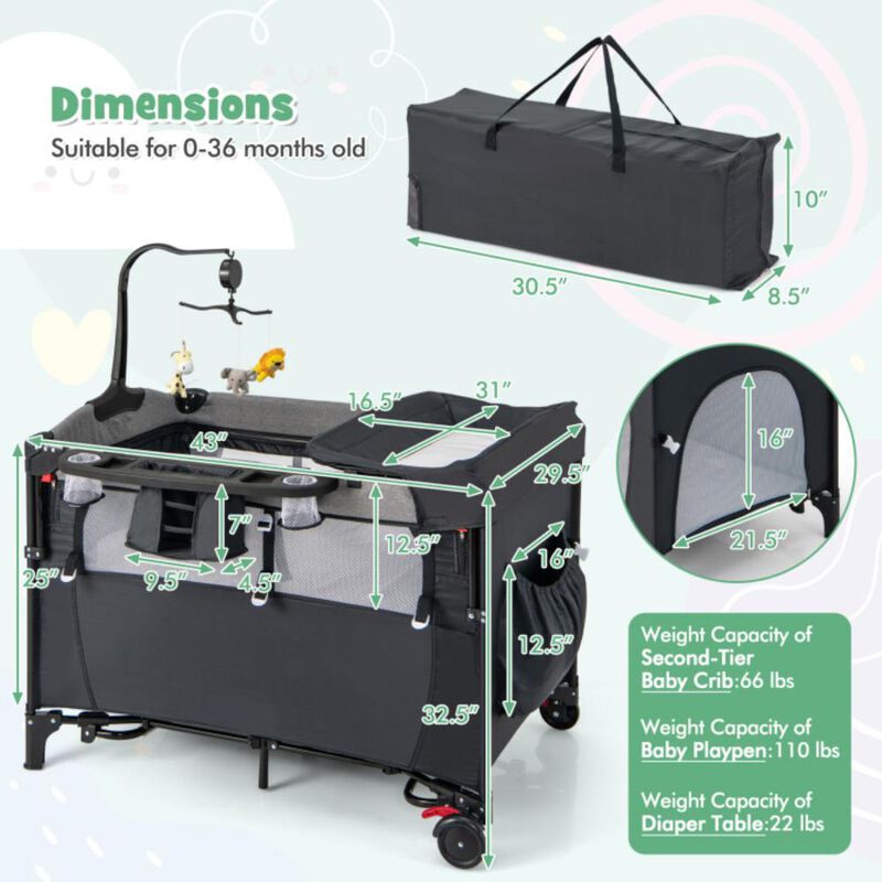 Hivvago 5-in-1 Baby Nursery Center Foldable Toddler Bedside Crib with Music Box