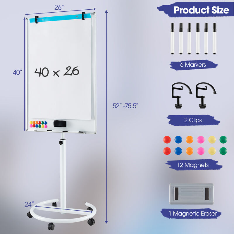 Rolling Height Adjustable Whiteboard with Round Base and Paper Clips image number 2