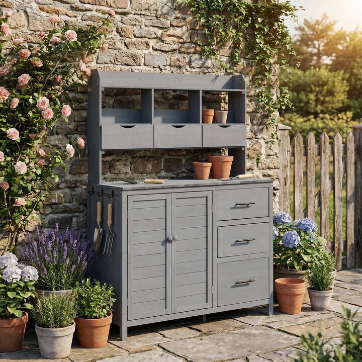 Whisen 44.6'' Farmhouse Patio Potting Tables with 6 Drawers, Solid Wood Outdoor Garden Workstation