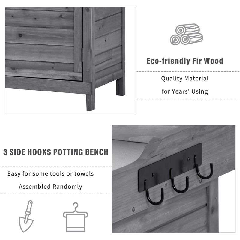 Outdoor Potting Bench Garden Workstation with 2 Shelves & Side Hooks Galvanized Tabletop