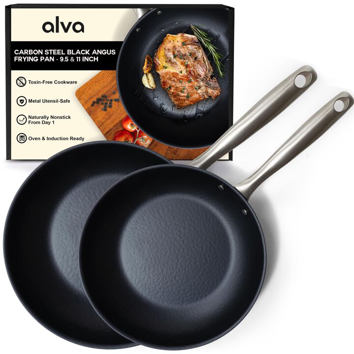 Alva Black Angus Naturally Nonstick Carbon Steel Frying Pan 2-Piece Set - Pre-Seasoned, Oven Safe and Made without PFAS, PFOA & PTFE - Induction and All Stovetop Compatible with Even Heat Distribution