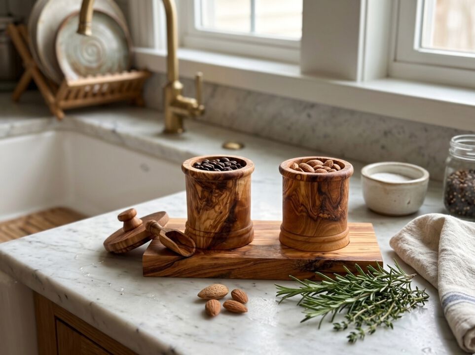 Olive Wood 2-Canister Set plus Base