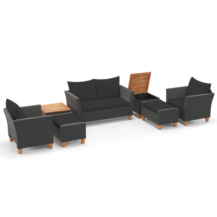 7-Piece Black Patio Furniture Set PE Rattan Sofa with Armchairs and Table