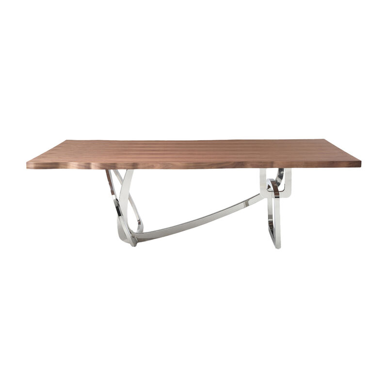 Ady Dining Table, 43x95 Walnut Top, Modern Chrome Steel Abstract Base - Benzara