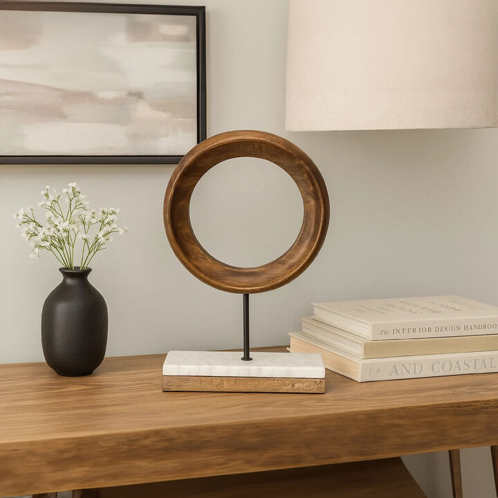 Decorative Tabletop Sculpture | Brown Mango Wood Ring Design | | Black Iron Stem and Marble Base