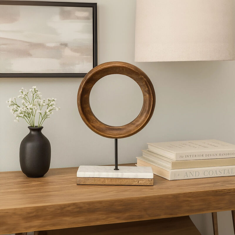 Decorative Tabletop Sculpture | Brown Mango Wood Ring Design | | Black Iron Stem and Marble Base