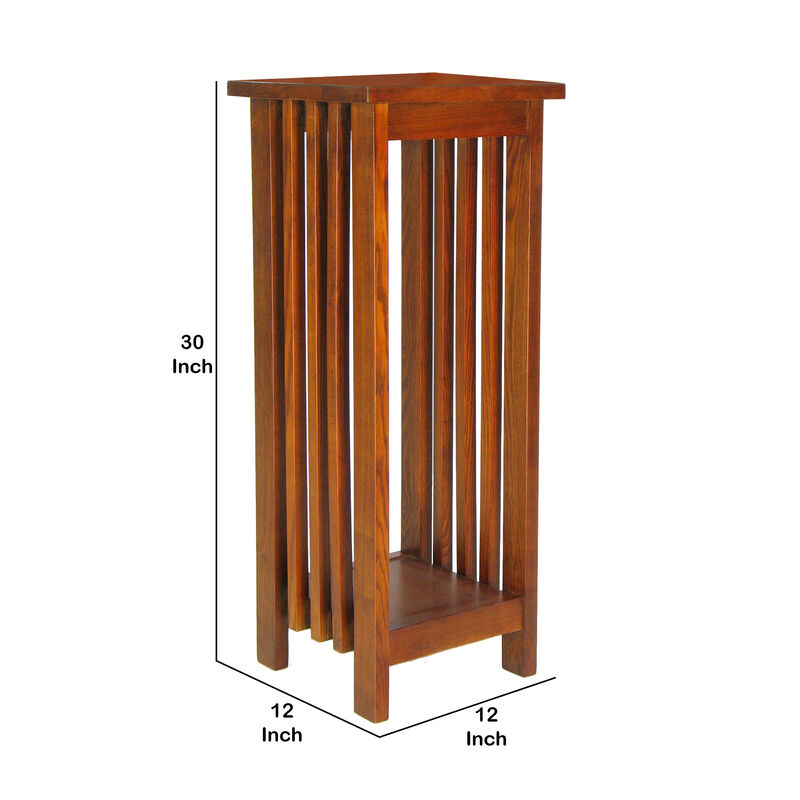 30 Inch Wooden Flower Stand with Bottom Shelf and Slatted Sides, Brown