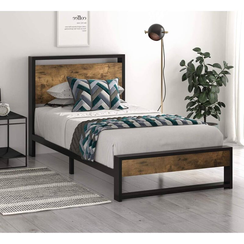 Metal Wood Platform Bed Frame with Industrial Headboard