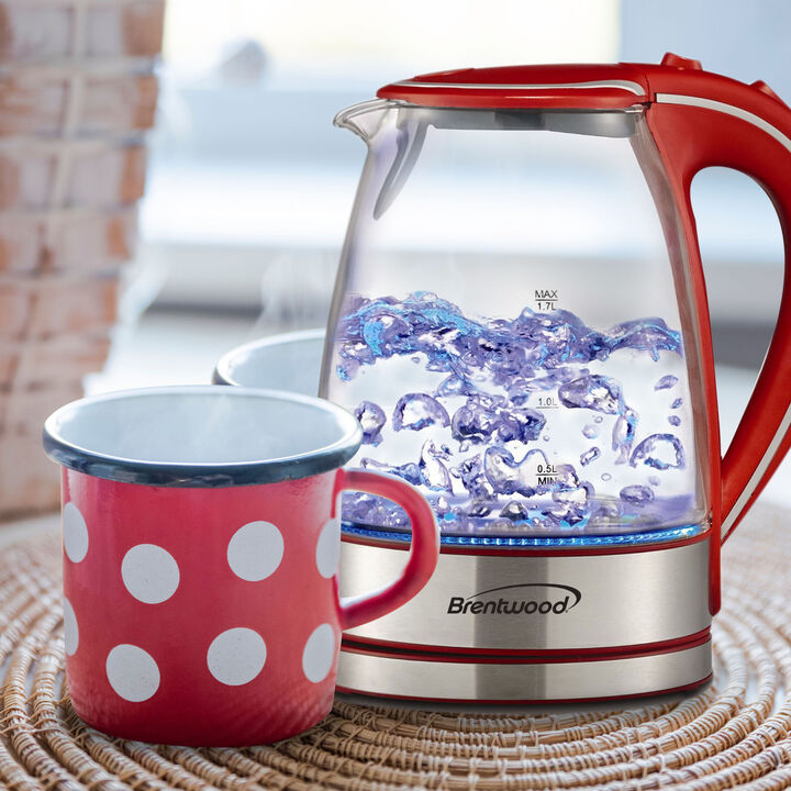Brentwood Tempered Glass Tea Kettles, 1.7-Liter, Red