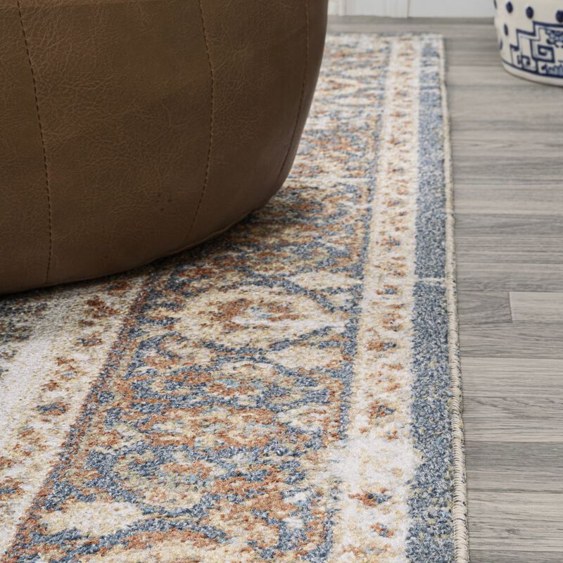 Keesha Bold Distressed Medallion Low-Pile Machine-Washable Blue/Cream. Area Rug