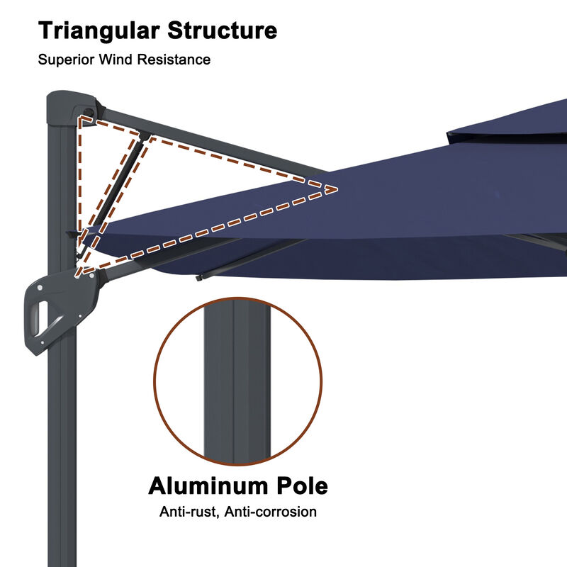 MONDAWE 10ft Square Solar LED Offset Cantilever Outdoor Patio Umbrella with Bluetooth Speaker and Included Base