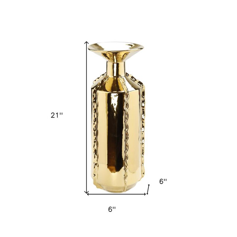 Hivvago 21 Inch Gold Trumpet Ceramic Table Vase With Sculptural Details