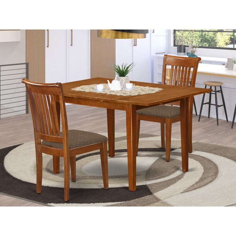 3 Pc set Milan Kitchen Table featuring Leaf and 2 Cushiad Seat Chairs in Saddle Brown .
