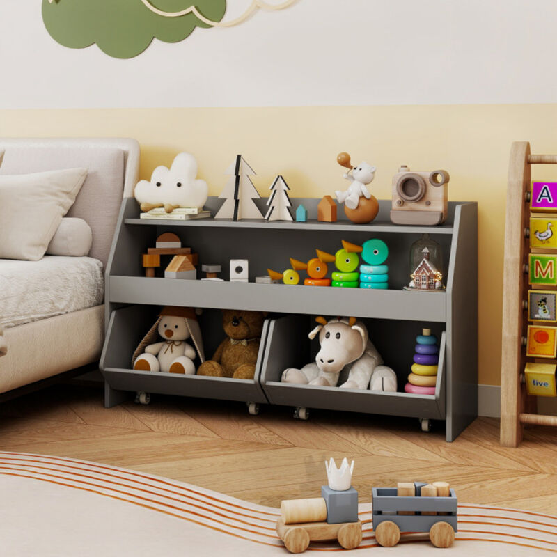 Children Toy Storage Bookcase with 2 Rolling Drawers and Open Shelves image number 4