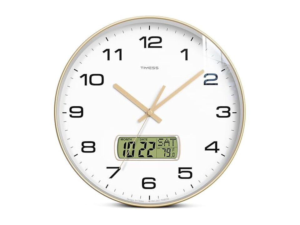 LCD Display Perpetual Calendar Temperature Wall Clock 10 Inch Silent Non Ticking