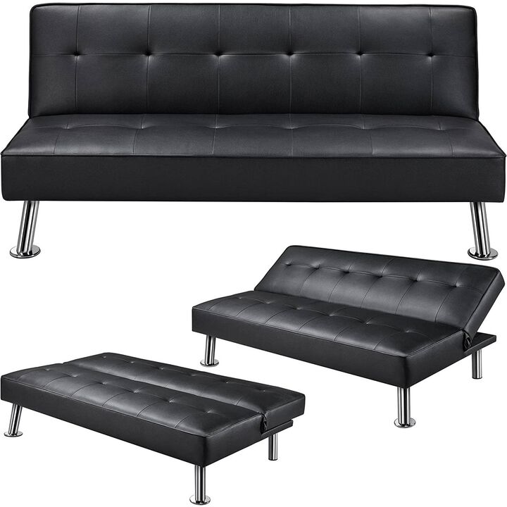 QuikFurn Black Faux Leather Click Clack Adjustable Futon Sleeper Sofa