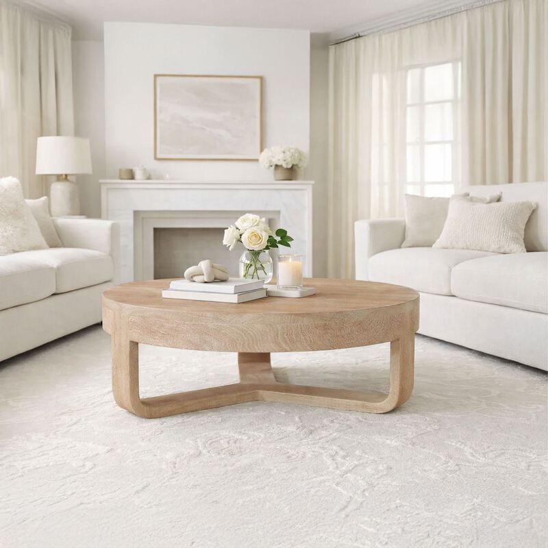 Milan Coffee Table, 32 Inch Round Top, Mango Wood with Sandblasted Natural Brown, Open Sled Base image number 7