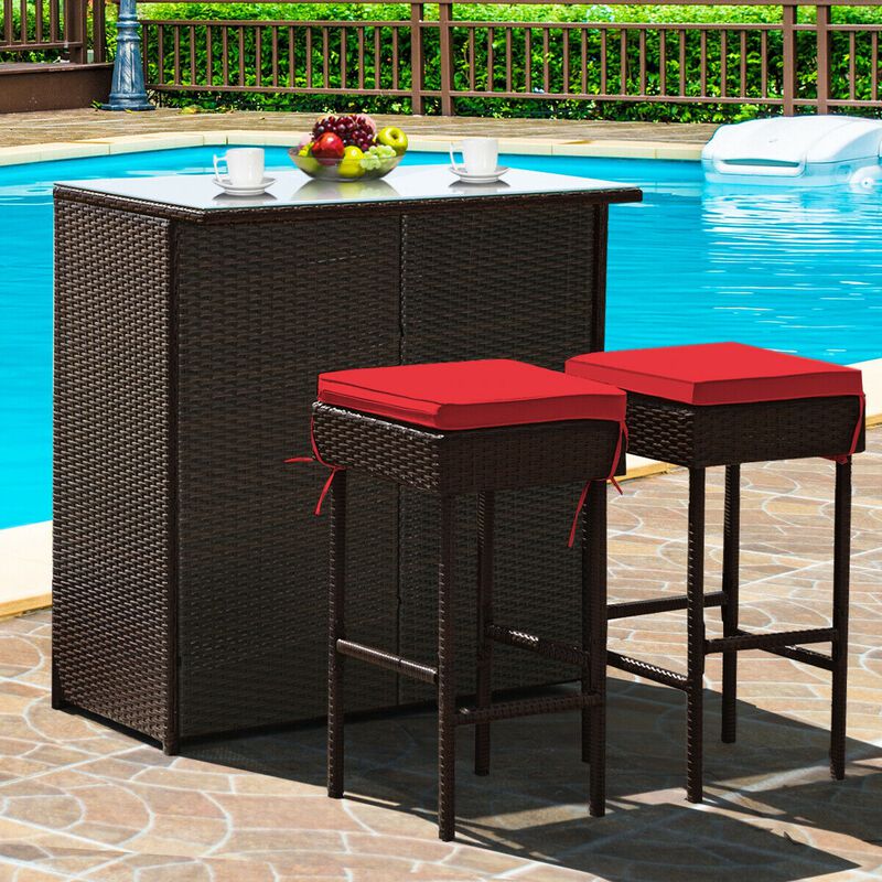 3PCS Patio Rattan Wicker Bar Table Stools Dining Set