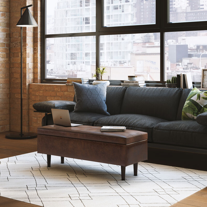 Shay Mid Century Rectangular Storage Ottoman in Distressed Chestnut Brown Faux Leather