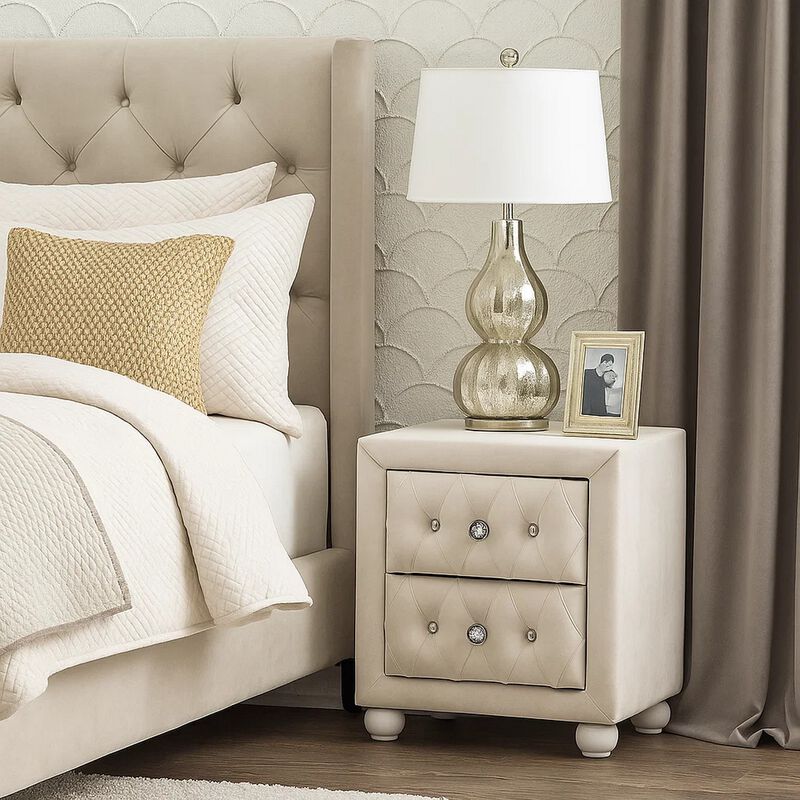 Rex Nightstand, 2 Drawers, Classic Crystal Tufted Beige Upholstery image number 6