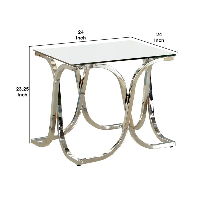 Modern End Table with Glass Top and Curved Chrome Legs, Silver and Clear-Benzara