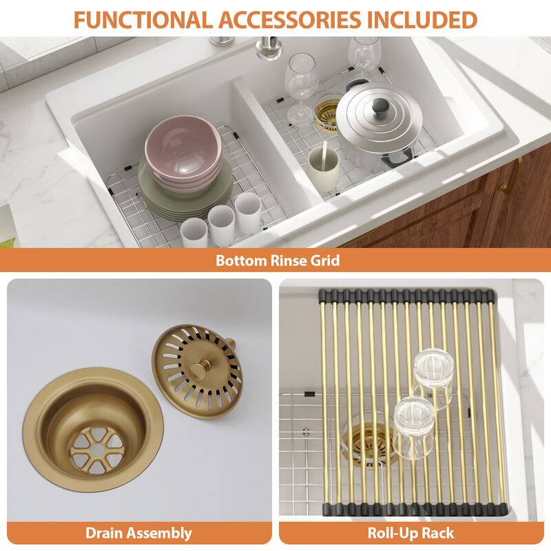 33x22x10 Inch White Granite Composite Workstation kitchen Sink Low Divide 50/50 Double Bowl Quartz Drop In Kitchen Sink