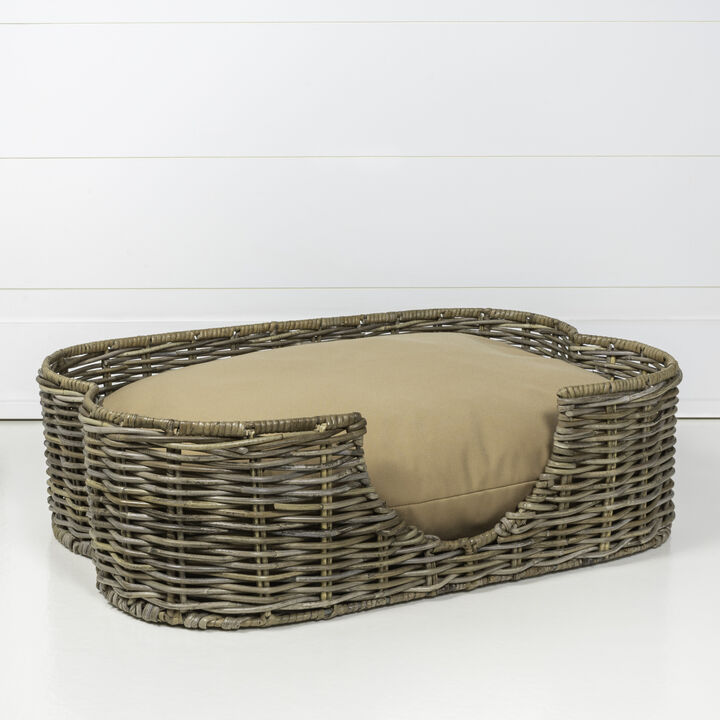 Scallop 27" x 18.25" Tropical Handwoven Rattan Dog Bed with Machine Washable Cushion, Kubu Gray