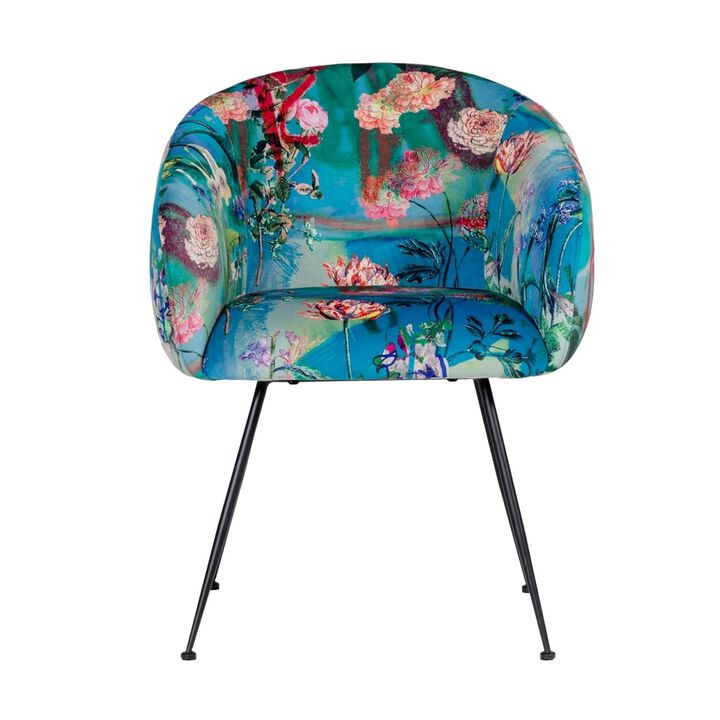 Curved Floral Pattern Fabric Dining Chair with Metal Legs, Blue-Benzara