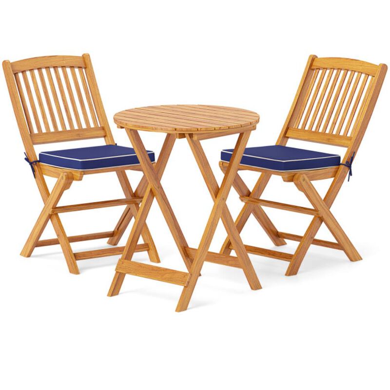Hivvago 3 Pieces Acacia Wood Patio Folding Bistro Set with Soft Cushions
