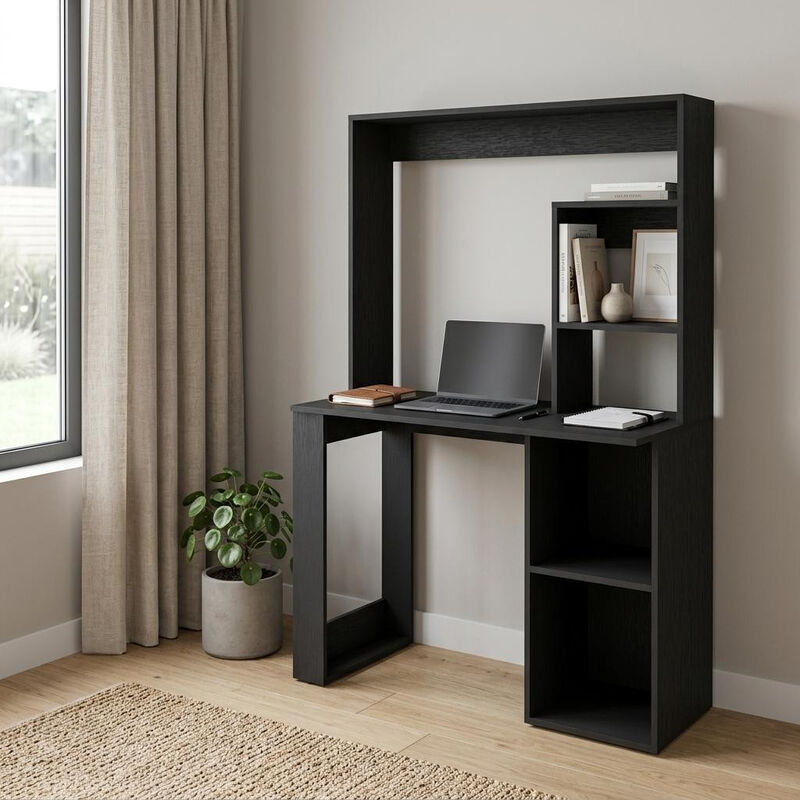 HomeRoots 39" Black Wood Pedestal Computer Desk With Hutch image number 1